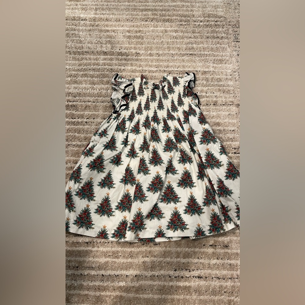 Pink Chicken Cream Holiday Tree Print Smocked Dress - 2T